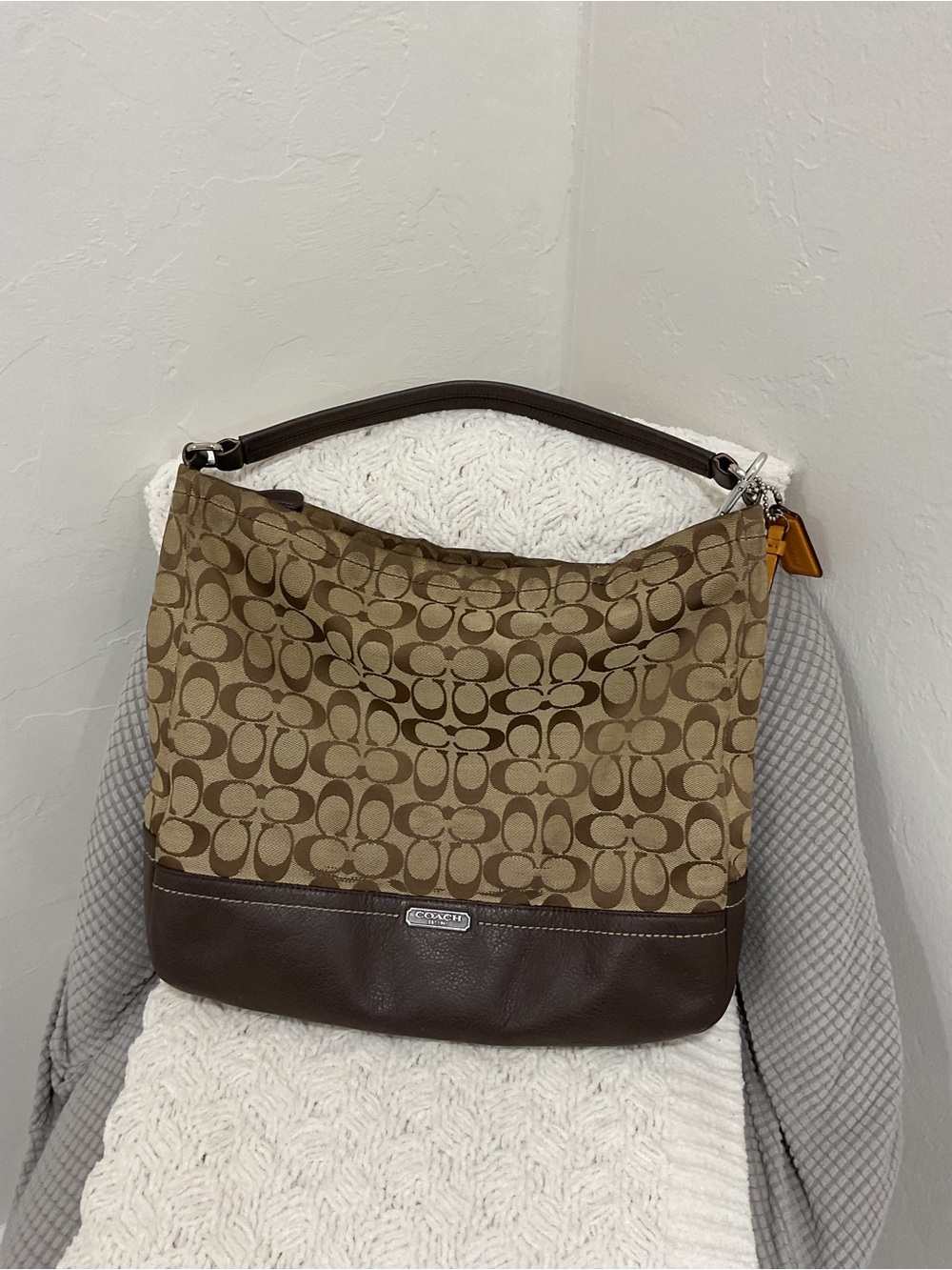 Coach Tan Signature Canvas and Dark Brown Leather Shoulder Bag